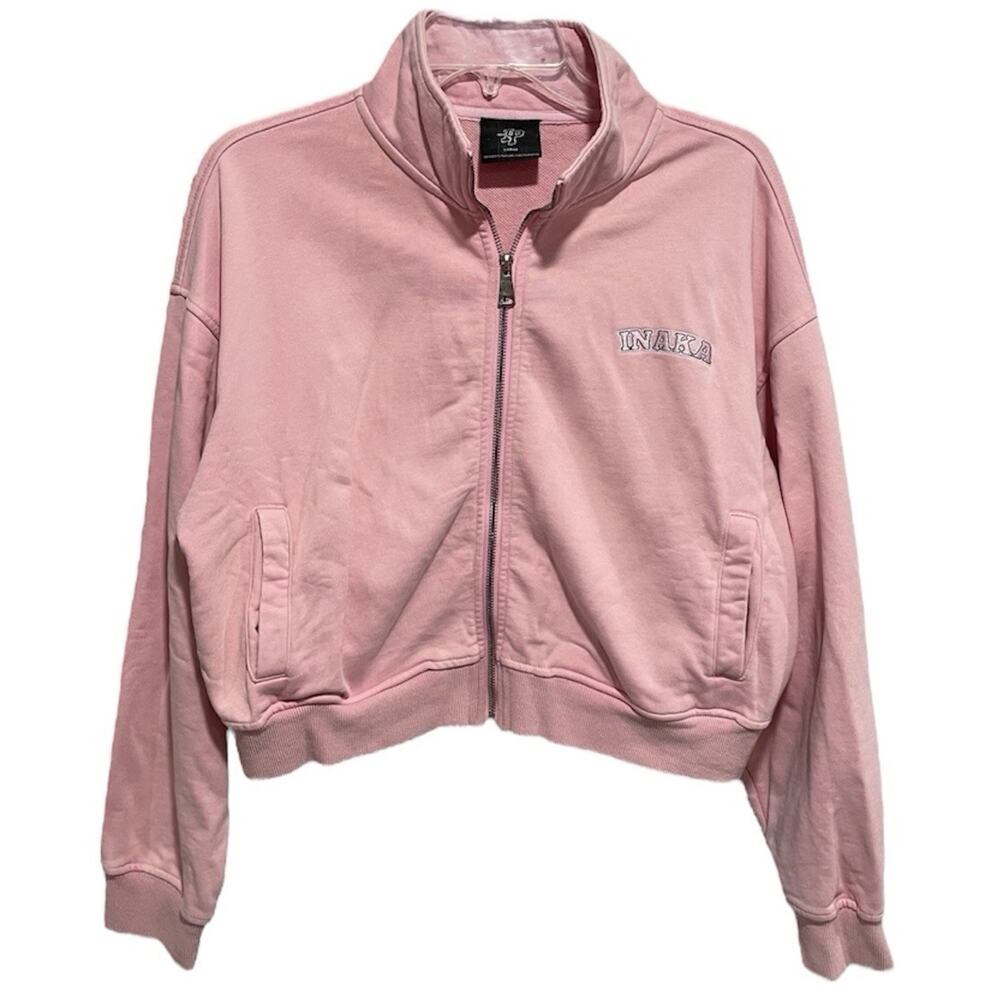 Sporty Oversized Inaka Power Fleece Zip Front Jacket Large Pink Varsity Letters